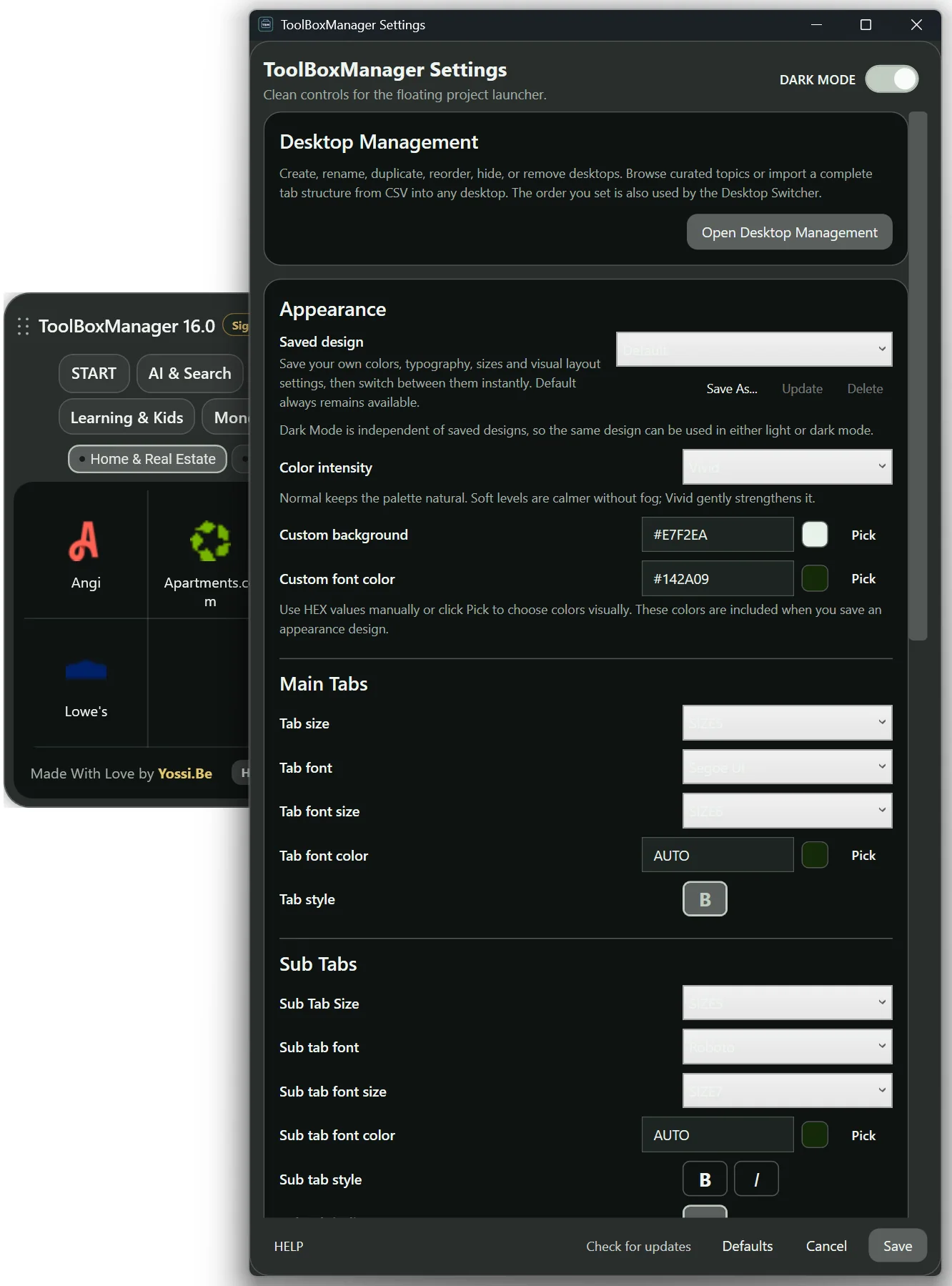 ToolBoxManager V16 screen related to Change colors, fonts, Items, and Dark Mode